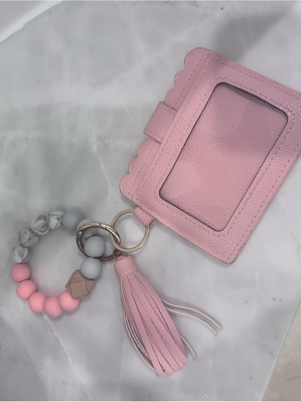 Pink Cardholder Keychain Wallet with Beaded Tassel